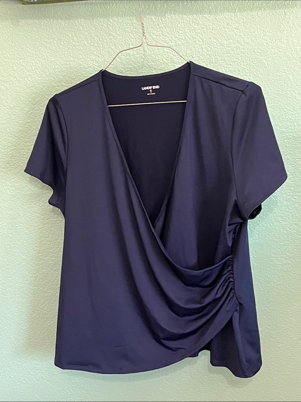 Lands' End Navy Short-Sleeve faux wrap top
